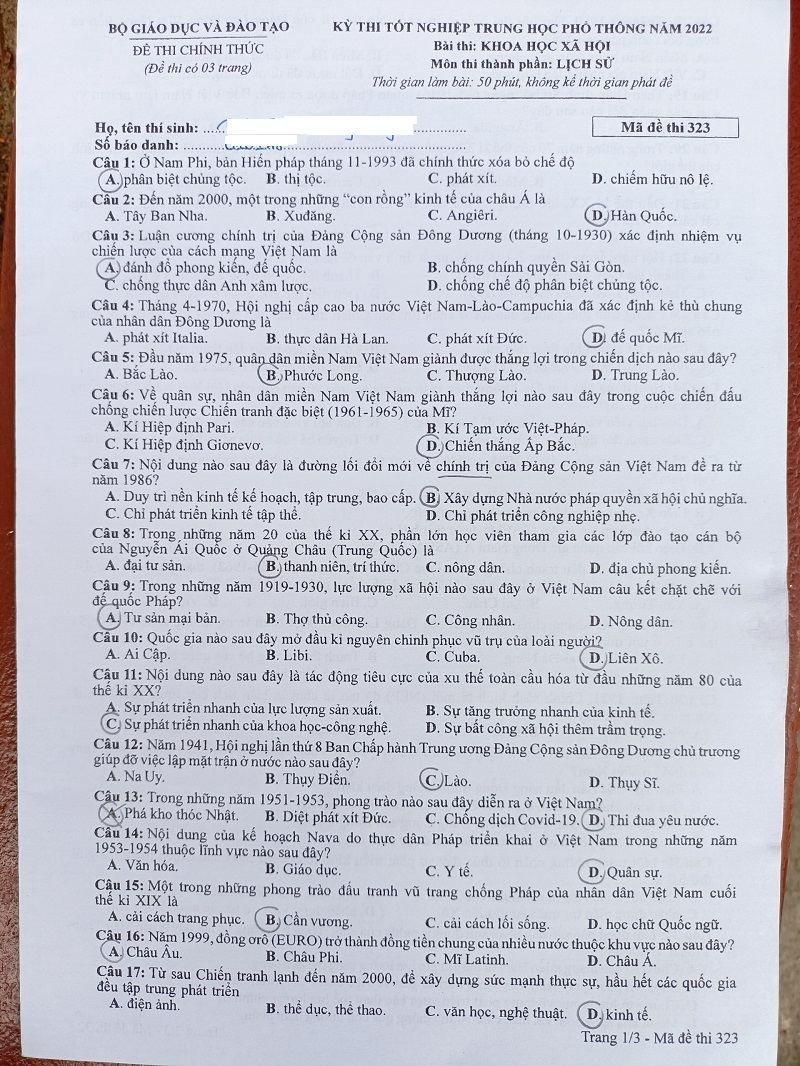 Thi tốt nghiệp THPT 2022: Đề thi và đáp án môn Lịch sử