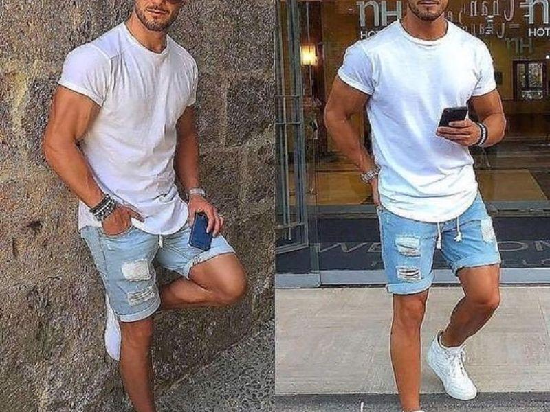 Phối quần short jean và áo phông cổ tròn