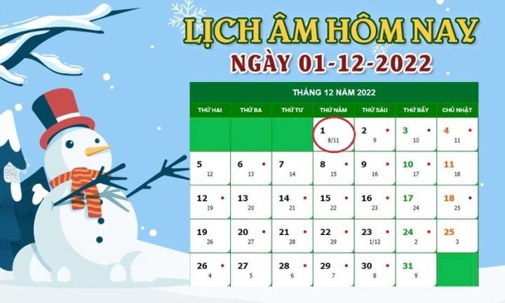 Lịch âm 1/12 - tra cứu lịch âm hôm nay thứ 5 ngày 1/12/2022 - 1