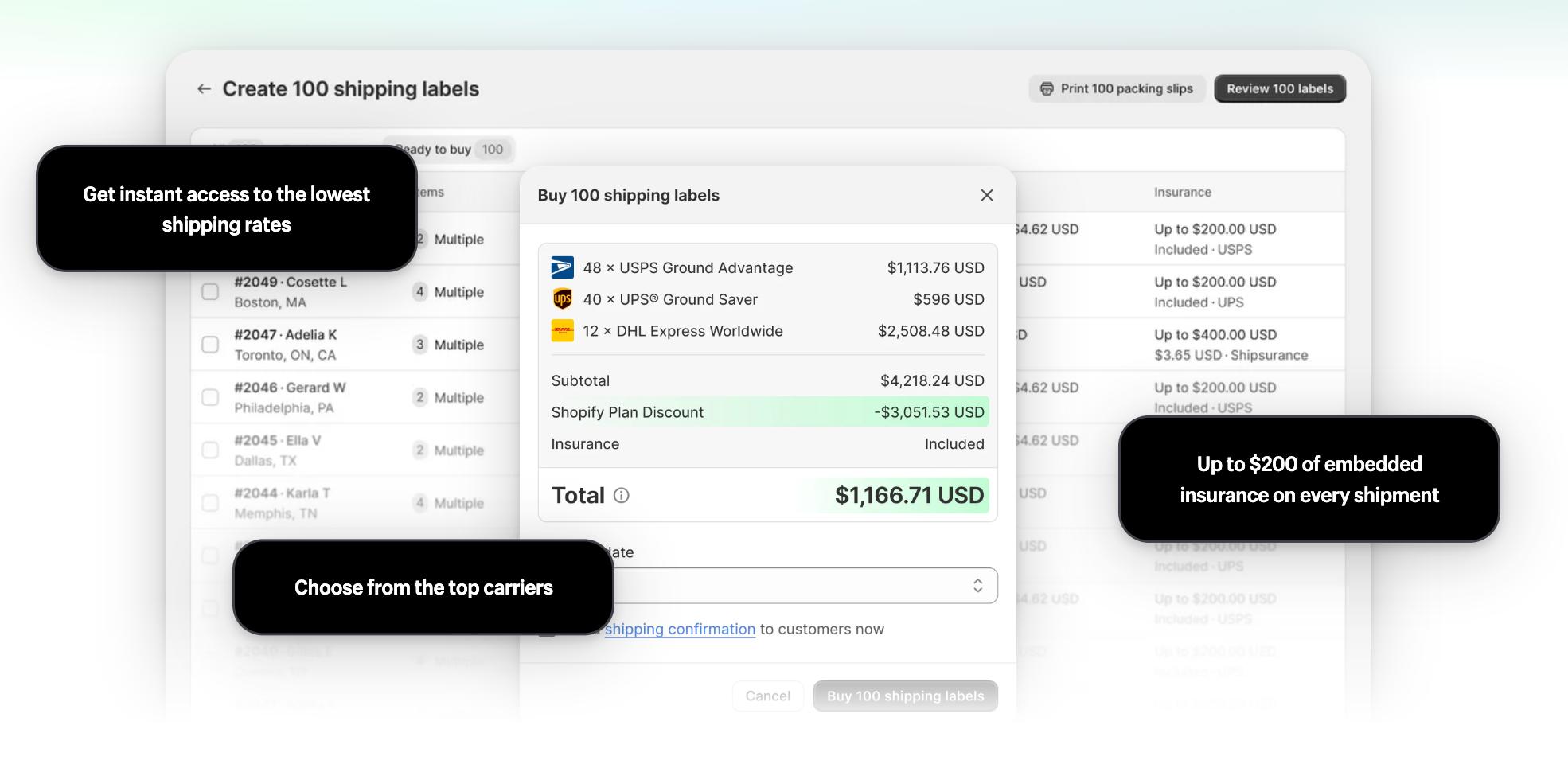 Shopify Shipping dashboard showing discounted rates from USPS, UPS, and DHL Express.