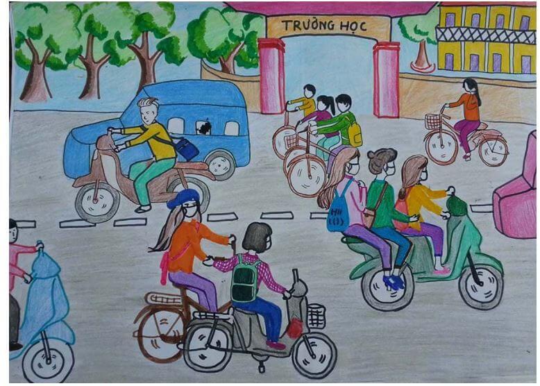 Vẽ tranh đề tài an toàn giao thông lớp 1