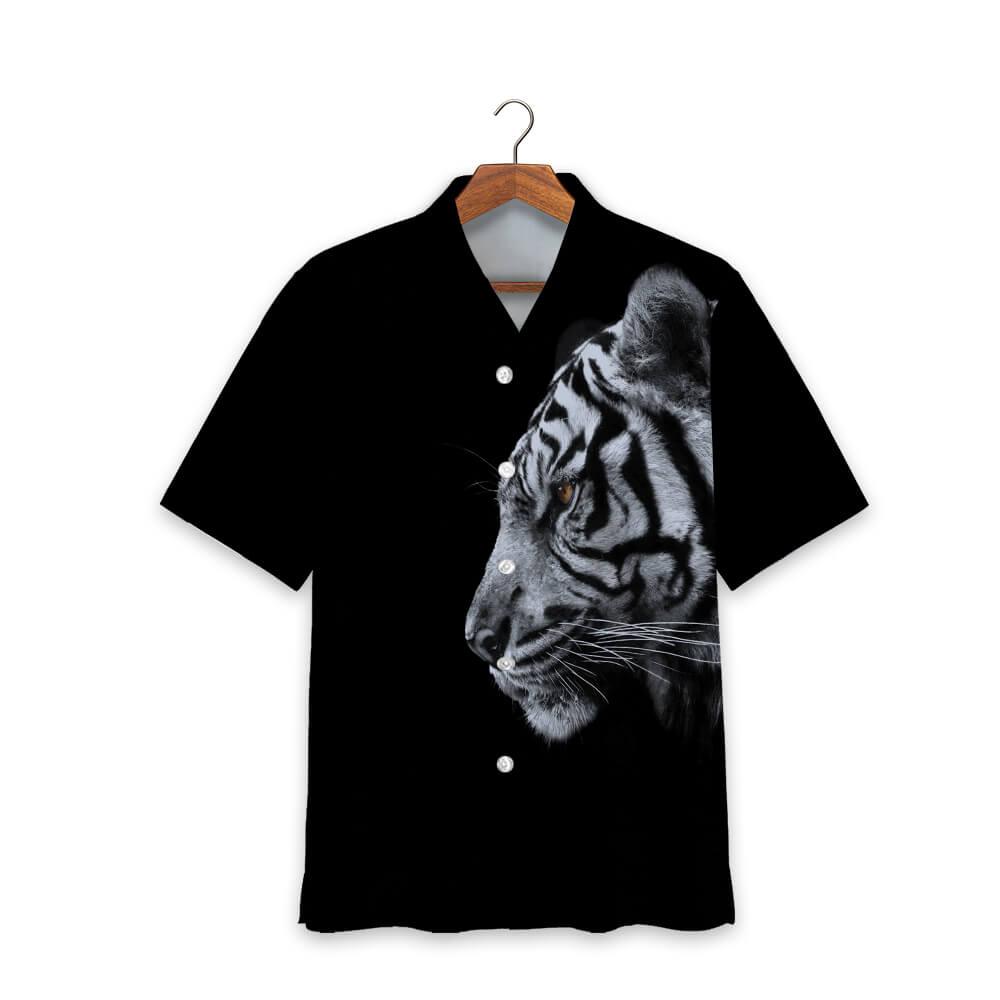 Áo sơ mi in hình mặt hổ trắng trên nền đen Hawaii