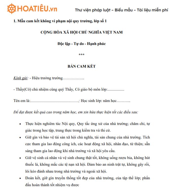 Mẫu cam kết của phụ huynh và học sinh không vi phạm nội quy trường, lớp