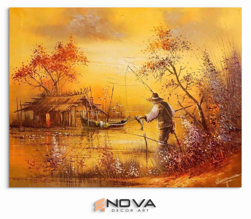 Tranh làng quê Việt Nam : Tranh câu Cá Bên Hồ -LQ004