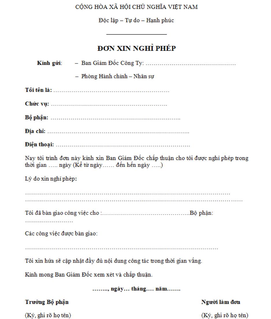 Tải miễn phí các mẫu đơn xin nghỉ phép chuẩn