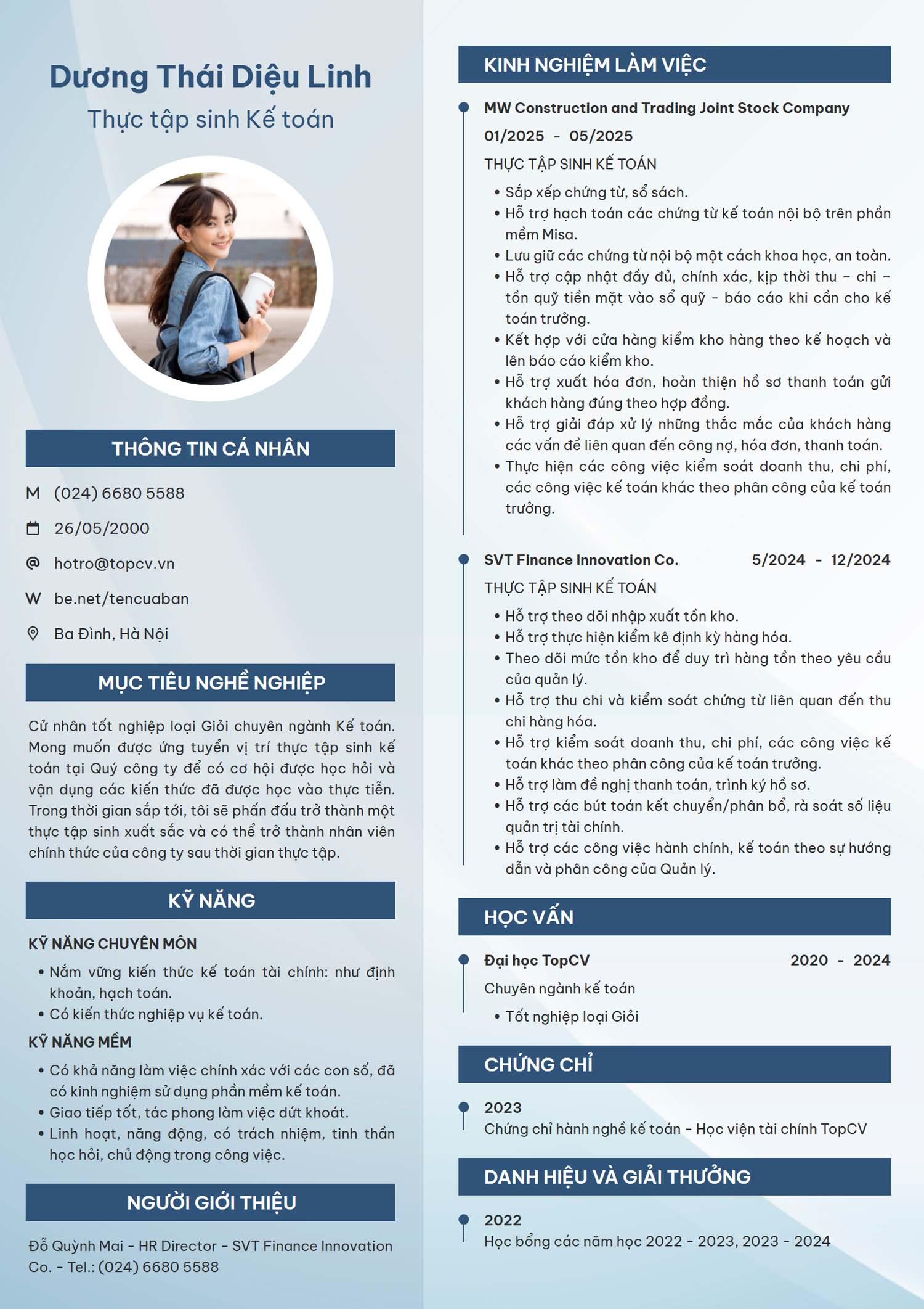 Mẫu CV Thực tập sinh kế toán