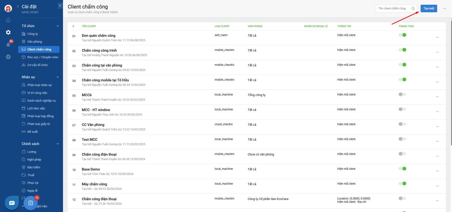 Base HRM - Cài đặt: Cách tạo các loại Client chấm công (hình thức chấm công) : Base.vn