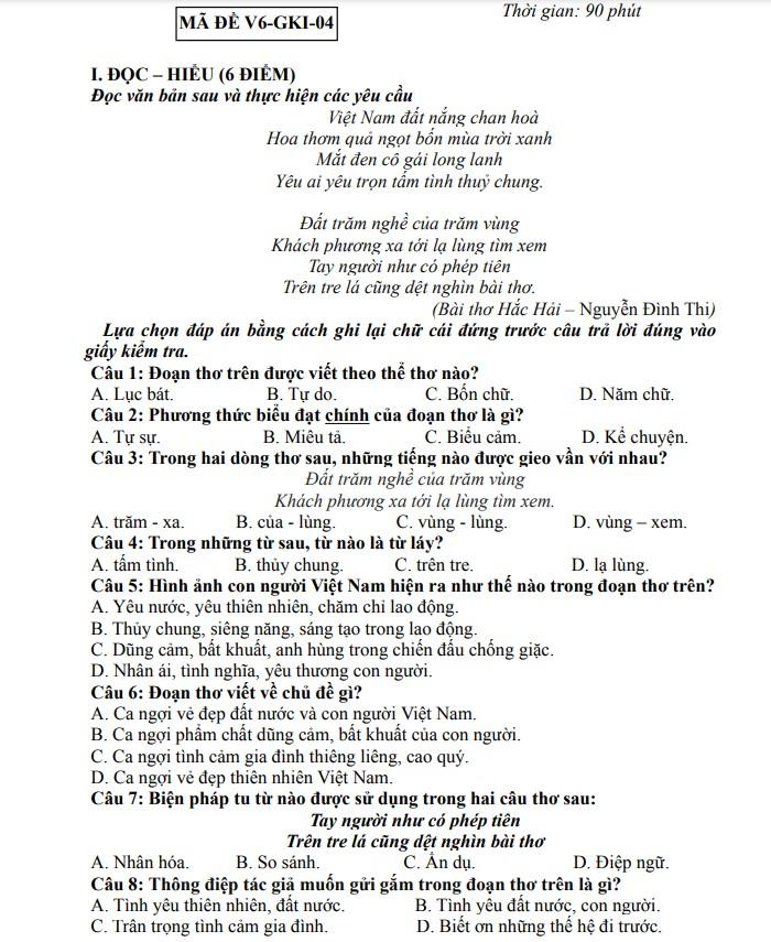 Đề thi văn giữa kì 1 lớp 6 và hướng dẫn giải chi tiết