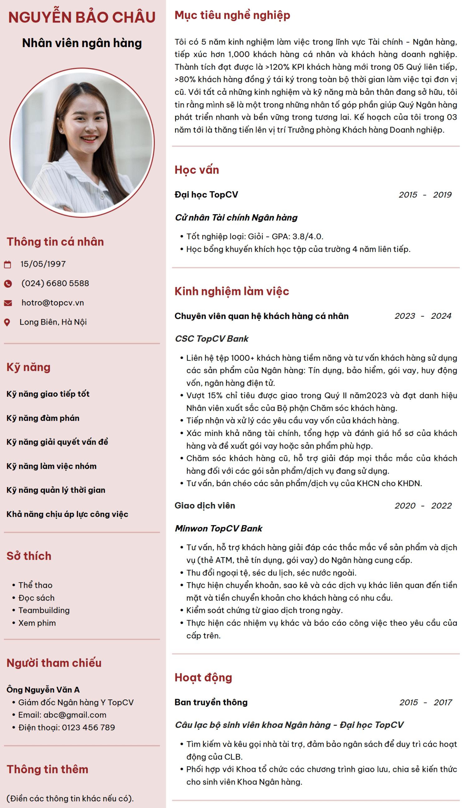 Mẫu CV Ngân hàng