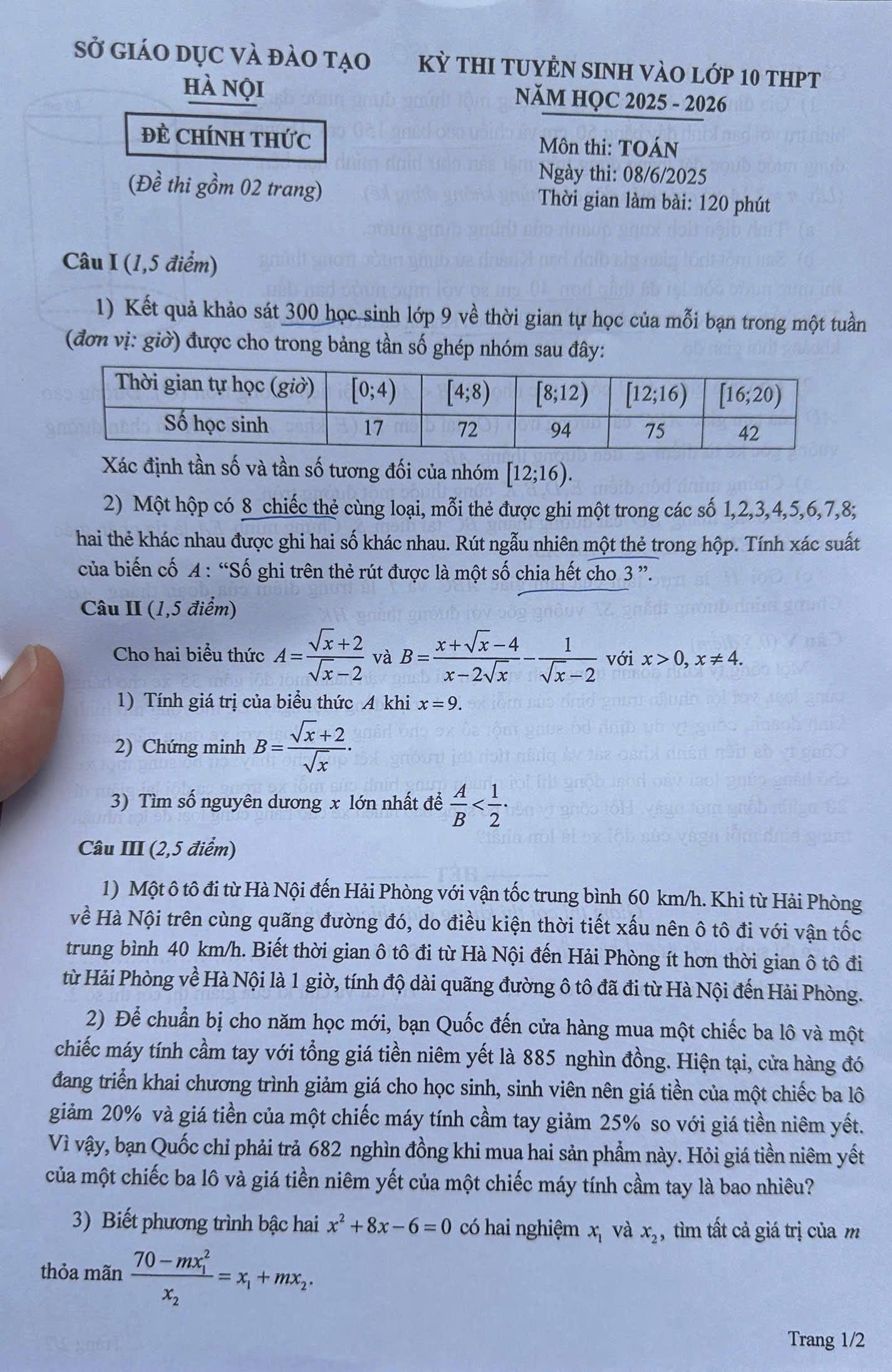 Đề thi, giải đề môn Toán vào lớp 10 ở Hà Nội năm 2025