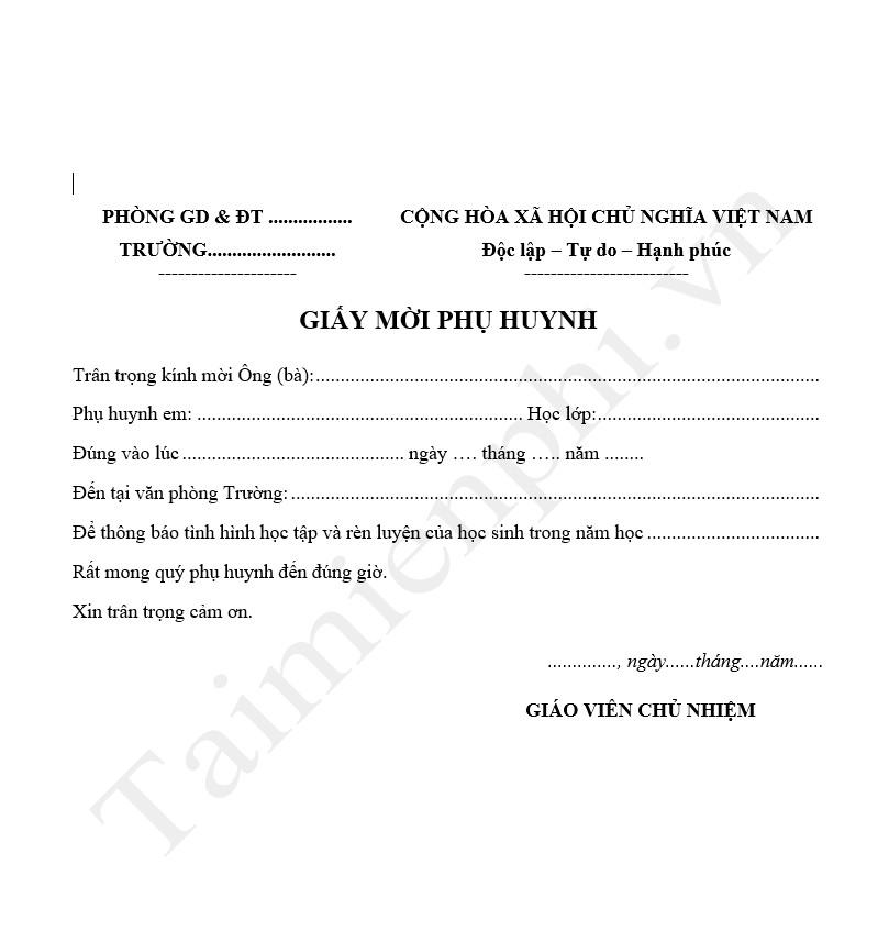 Mẫu giấy mời họp phụ huynh