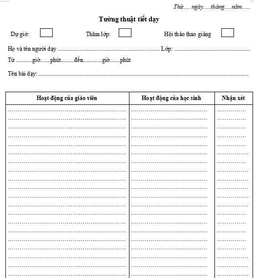 Mẫu sổ dự giờ mầm non