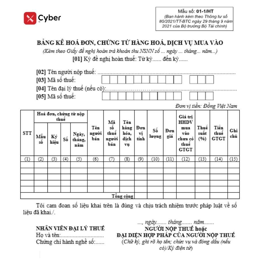 Mẫu số 01-1/HT – Bảng kê hóa đơn, chứng từ hàng hóa, dịch vụ mua vào