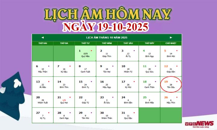 Lịch âm 19/10 - Âm lịch hôm nay 19/10 chính xác nhất - lịch vạn niên 19/10/2025