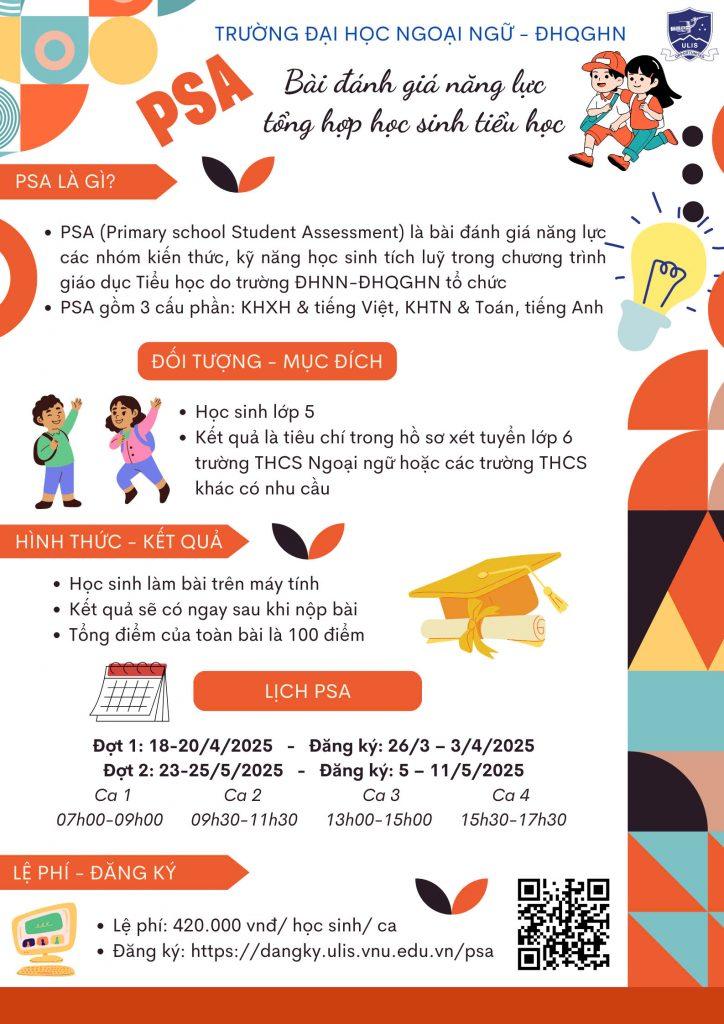 Thông báo Kế hoạch tổ chức Bài đánh giá năng lực tổng hợp học sinh tiểu học (PSA) năm 2025 – Trường Đại học Ngoại ngữ – Đại học Quốc gia Hà Nội