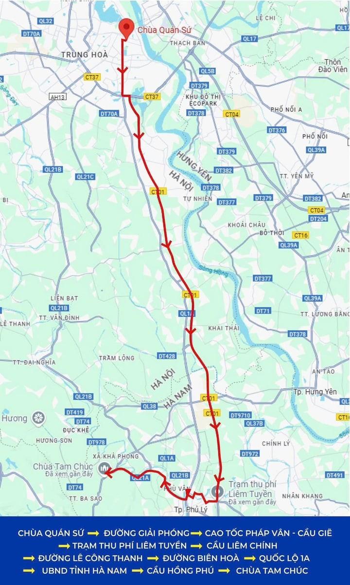 Các tuyến đường cung rước xá lợi Phật về chùa Tam Chúc