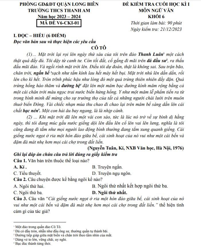 Đề thi văn học kì 1 lớp 6 và hướng dẫn giải chi tiết