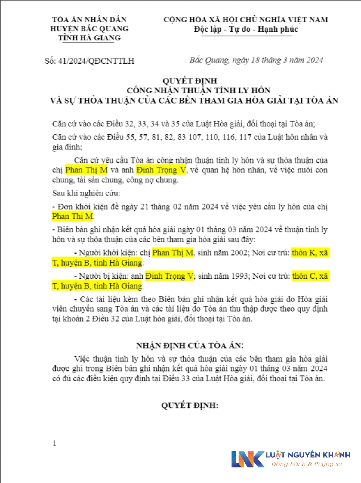 Mẫu giấy quyết định ly hôn của Tòa án Mới nhất