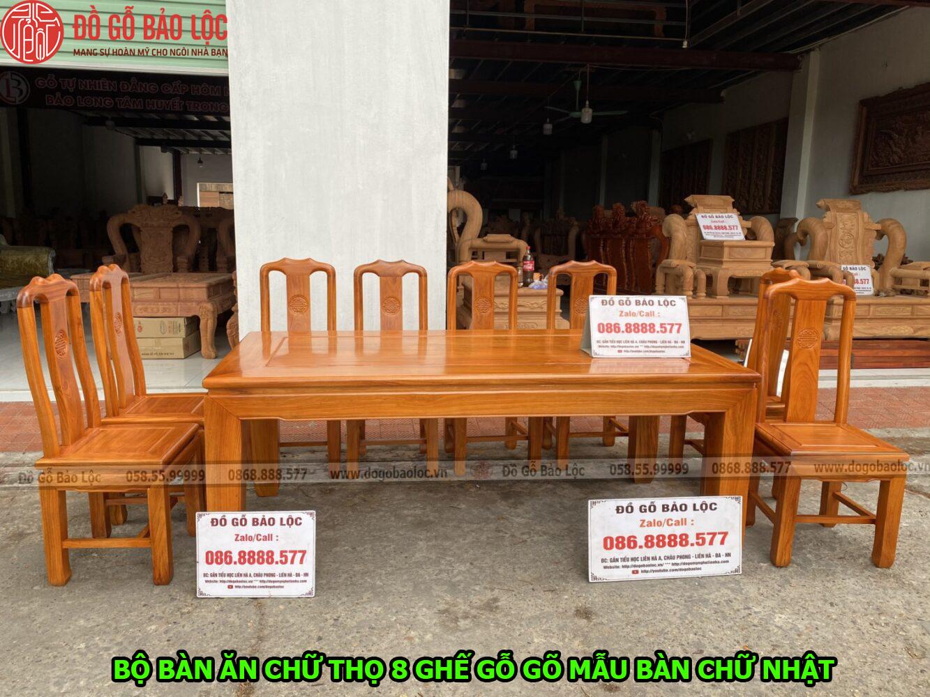 Bộ Ghế Ăn Chữ Thọ 8 Ghế Gỗ Gõ – Bàn Chữ Nhật