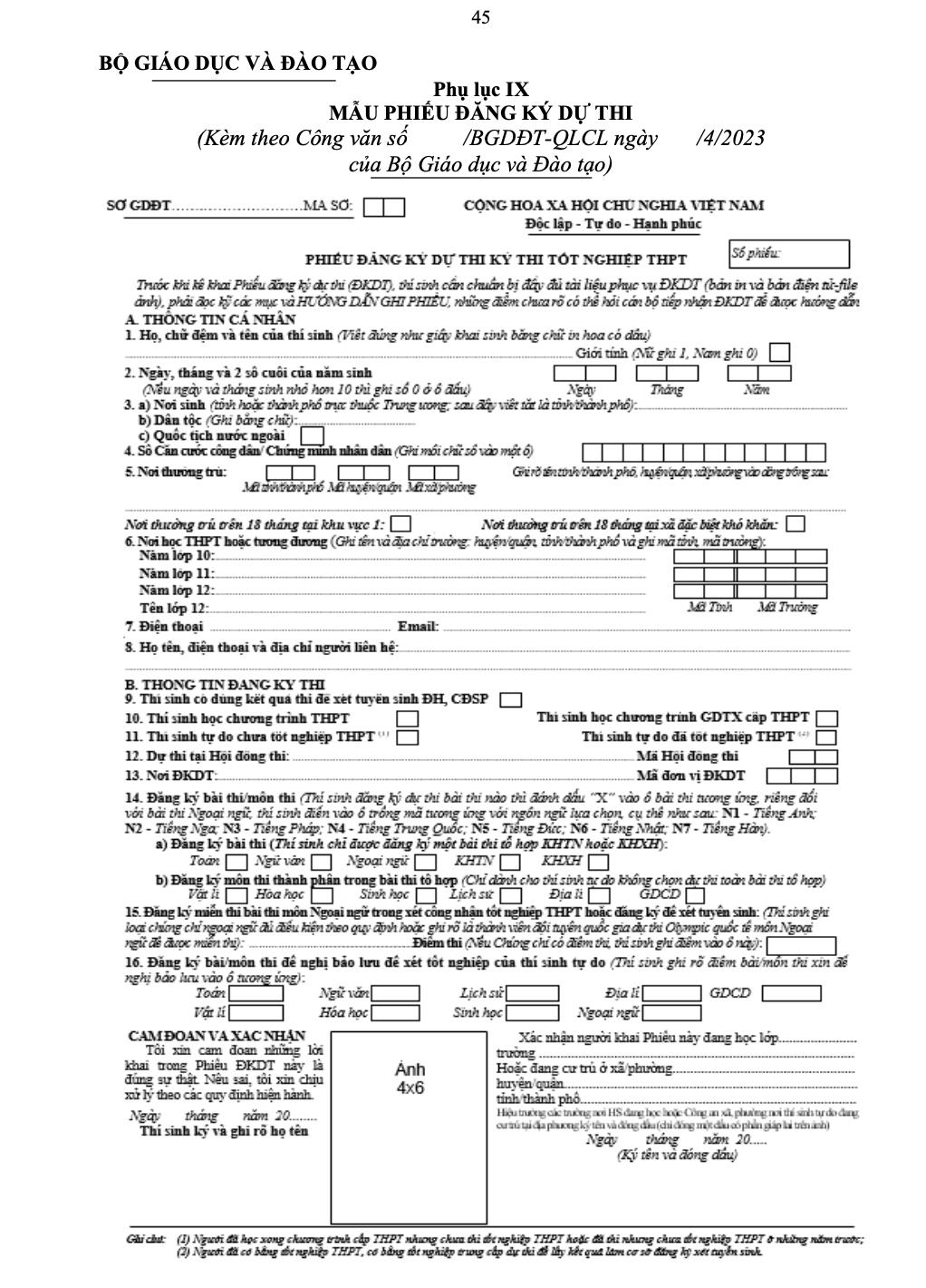 Hướng dẫn điền phiếu đăng ký dự thi tốt nghiệp THPT 2023