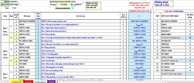 Lịch báo giảng lớp 5 năm 2024 - 2025                                   Thời khóa biểu lớp 5 theo từng tuần